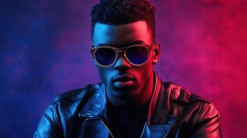 A man wearing sunglasses and a leather jacket photo