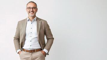 A man in a suit and glasses standing in front of a white wall photo