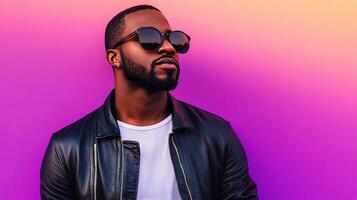 A man wearing sunglasses and a leather jacket against a purple and pink background photo