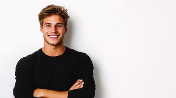 A young man is smiling and standing in front of a white wall photo