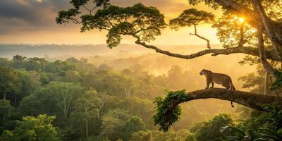 A Full HD panoramic shot of the Amazon jungle during sunrise, with golden sunlight filtering through the trees, illuminating a jaguar resting on a large tree branch photo