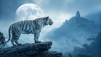 A stunning artistic interpretation of the legendary Blue Tiger, standing on a misty mountain peak photo