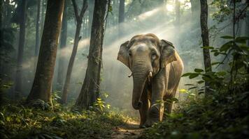 A stunning realistic photograph of a Sumatran Elephant in the heart of a dense tropical rainforest photo
