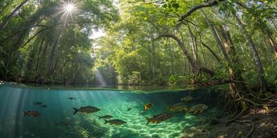 A high-resolution panoramic shot of the Amazon flooded forest, with piranhas swimming in the water and bright sunlight filtering through the canopy photo