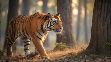A hyper realistic 16K resolution photograph of a majestic Bengal Tiger prowling through the dense photo