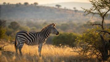 A breathtaking hyper-realistic photograph of a Crawshay Zebra standing in the remote woodlands photo