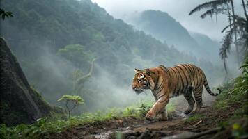 An ultra detailed resolution artistic reconstruction of a Javan Tiger prowling through the misty photo