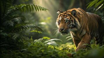An ultra detailed 16K resolution photograph of a Sumatran Tiger moving stealthily through photo