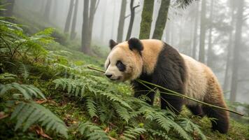 An awe inspiring hyper realistic photograph of a rare Qinling Panda exploring the misty highlands photo
