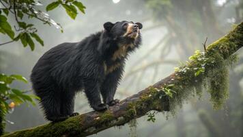 A breathtaking hyper realistic photograph of a Spectacled Bear perched on a tree branch photo