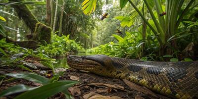 A close-up panoramic view of a giant anaconda resting near a swamp in the Amazon rainforest, surrounded by tropical plants and insects buzzing in the air photo