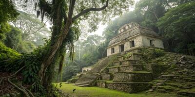 A Full HD panoramic view of an ancient, hidden Mayan temple deep in the Amazon, surrounded by thick vines, exotic plants, and monkeys jumping from tree to tree photo