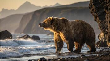 An inspiring hyper realistic photograph of a Kodiak Bear standing majestically on the rocky shores photo