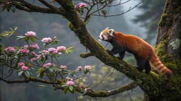 An extraordinary hyper realistic photograph of a Himalayan Red Panda perched high in the branches photo