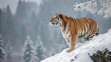 An ultra detailed 16K resolution photograph of a Siberian Tiger standing on a snow covered cliff photo
