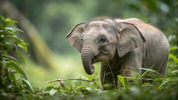 A mesmerizing hyper realistic photograph of a Bornean Pygmy Elephant in the lush green forests photo