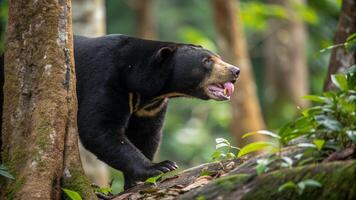 An incredible hyper realistic photograph of a Sun Bear in the dense jungles of Borneo, captured photo