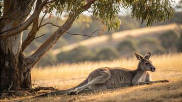 A breathtaking photograph of a Western Grey Kangaroo resting under the shade of a tall gum photo