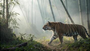 A hyper realistic 16K resolution photograph of an Indochinese Tiger stalking through photo