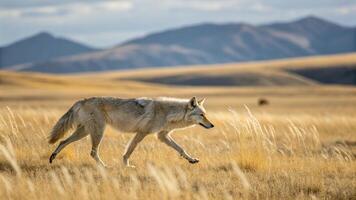 An extraordinary realistic photograph of a Wolf prowling through the rugged mountains photo