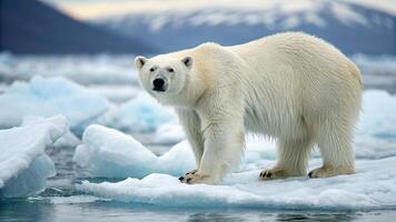 A mesmerizing photograph of a Polar Bear standing on a floating ice sheet in the Arctic photo