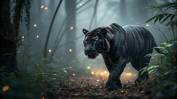 A hyper realistic 16K resolution photograph of a Black Tiger emerging from the shadows photo