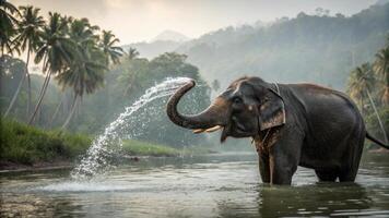 An ultra-detailed realistic photograph of a Sri Lankan Elephant bathing in a serene river, photo