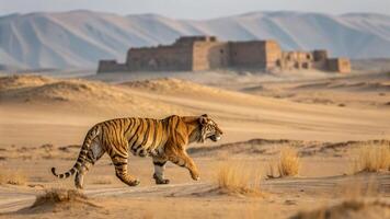 A hyper realistic artistic reconstruction of a Caspian Tiger walking through the golden deserts photo