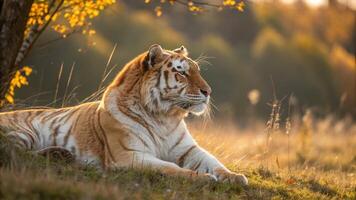 An ultra detailed 16K resolution photograph of a Golden Tiger resting in a sun dappled glade photo