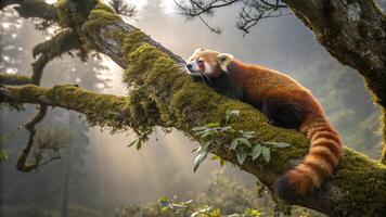 A breathtaking hyper realistic photograph of a Red Panda resting on a moss-covered tree branch photo