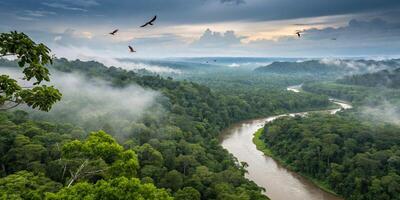 A breathtaking panoramic view of the Amazon rainforest, with dense green trees, mist covering the treetops, and a winding river below. Exotic birds like macaws and toucans fly across the sky photo
