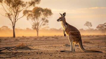 A breathtaking realistic photograph of a powerful Red Kangaroo standing tall in the vast Australian photo