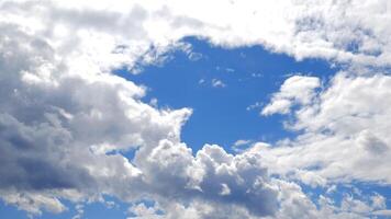 Stunning blue sky with fluffy white clouds, perfect for backgrounds or textures. The clouds are bright and voluminous. Ideal for projects related to nature, weather, or freedom. Copy space. photo