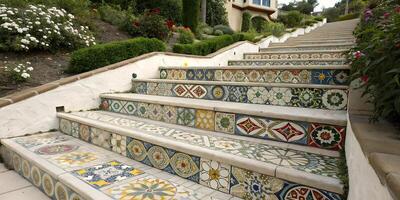 Mosaic tile slide steps with intricate patterns. photo