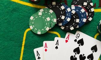 Poker cards with combination. The winning combination in a game in a poker club. The concept of luck in the poker game. photo