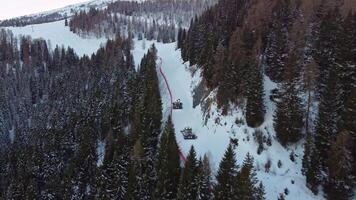 Two snowcats preparing ski slopes. Aerial view of the two vehicles between trees in the mountains in winter video