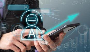 Human interact with AI artificial intelligence brain processor in concept of AI artificial intelligence engineering, big data and AI machine learning to use for business support. Faas photo