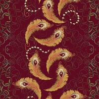 A seamless golden peacock feather pattern with pearls string, and swirling ornaments on a deep red vertical striped backdrop. vector