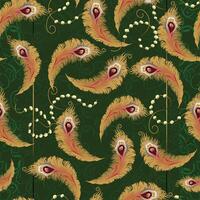 A seamless digital paisley pattern with golden peacock feathers, pearls, and ornamental layer on a deep green background. Ideal for textiles, branding, and luxury decor. vector