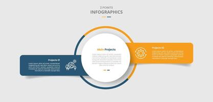 2 points template comparison concept for infographic with big circle center with unbalance box container side by side with drop shadow style with two point list information vector