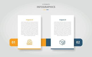 2 points template comparison concept for infographic with vertical standing box and horizontal box through and drop shadow style with two point list information vector