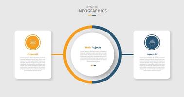 2 points template comparison concept for infographic with big circle center with round box container on side with drop shadow style with two point list information vector