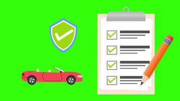 Car insurance document, report. Paper agreement checklist or loan checkmarks form list approved with automobile icon. Animation on a green screen background. video