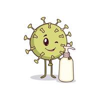 Smiling virus mascot holding soap symbolizing hygiene and disease prevention vector