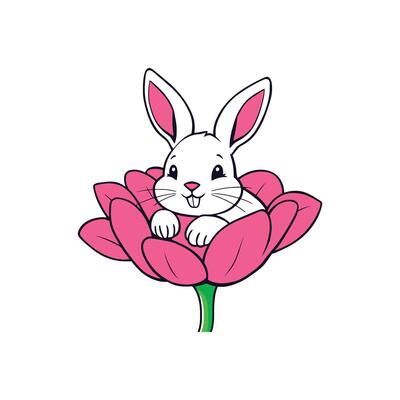Smiling Rabbit Snuggling in Flower Illustration for Children