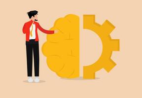Brainstorm, A young man in a red suit stands holding a brain and gears to solve problems with ideas. vector