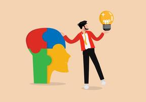 Brainstorm, a young man in a red suit standing holding his head and a lamp to solve a problem or come up with an idea. Flat design, , illustration vector