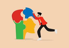 Brainstorm, a young man in a red suit is assembling a pile of puzzles in the shape of a head, ideas or solving problems. flat design vector