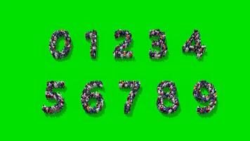 Number Zero to Nine Group of 3D Font from People Crowd in Aerial View on Green Screen Isolated 0-9 Set video