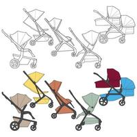 a drawing of different strollers and baby carriages vector